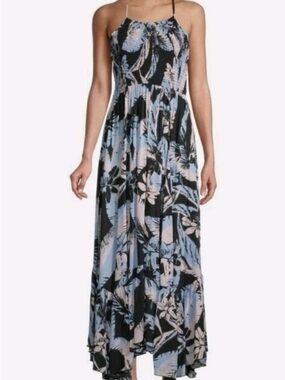 Free People Black and Light Blue Floral Spaghetti Strap Maxi Dress Size XS